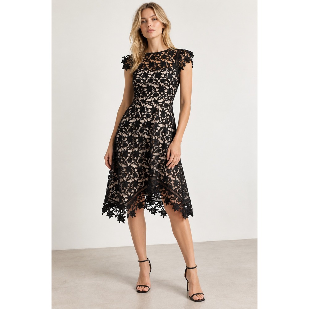 Eliza J Dress Size 8 Asymmetric Black Floral Lace Nude Lined Fit Flare Cocktail